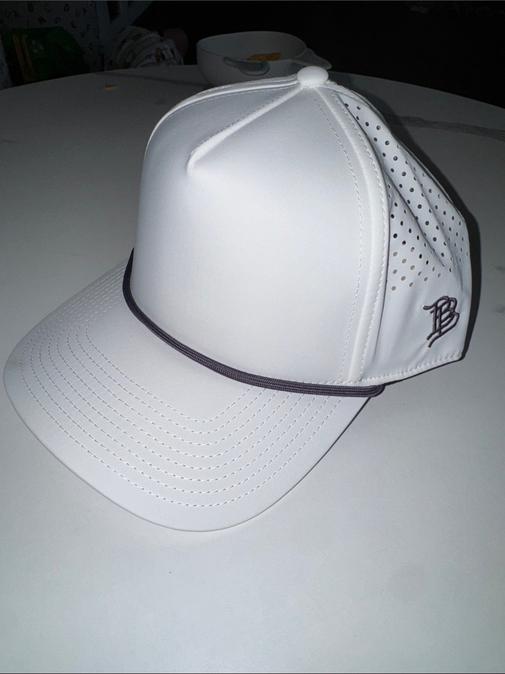 Men's White SnapBack with purple roped brim